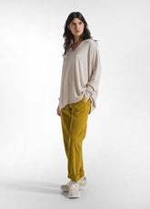 GREEN STRETCH VELVET TROUSERS - MUSTARD GREEN | DEHA