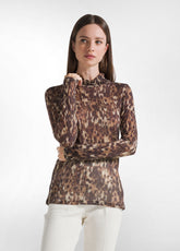 PRINTED HIGH NECK T-SHIRT IN BROWN LYOCELL - LEOPARD BROWN | DEHA