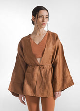 SHINY LINEN KIMONO JACKET - BROWN - AMBER BROWN | DEHA