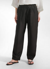 SHINY LINEN STRAIGHT PANTS - BLACK - BLACK | DEHA
