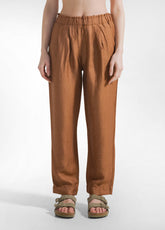 SHINY LINEN STRAIGHT PANTS - BROWN - AMBER BROWN | DEHA