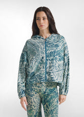 FELPA FIAMMATA STAMPA 'FOGLIE' CON ZIP BLU - TEAL BLUE LEAVES | DEHA