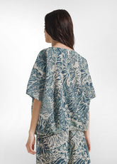 BLUSA STAMPATA IN COTONE ONDULATO BLU - TEAL BLUE LEAVES | DEHA