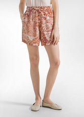 PANTALONCINI STAMPATI IN COTONE INCRESPATO MARRONE - CORAL PINK LEAVES | DEHA