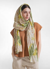 PASHMINA IN MUSSOLA STAMPATA BEIGE - YELLOW LEAVES | DEHA