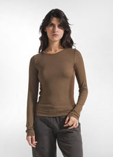 CREW NECK LONG SLEEVE RIBBED CASHMERE BLEND T-SHIRT BROWN - T-shirts - Outlet | DEHA
