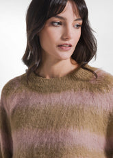 CREW NECK JACQUARD PATTERN SWEATER IN BEIGE WOOL BLEND - STRIPED BEIGE | DEHA