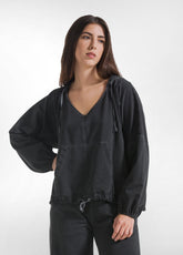SWEATSHIRT-SET UND LOW-WAISTED HOSE MIT SATIN-DETAILS SCHWARZ - | DEHA