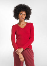 GERIPPTE WOLLSTRICKJACKE MIT V-AUSSCHNITT - ROT - FLAME RED | DEHA