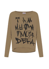 T-SHIRT MANICHE LUNGHE IN MODAL CON STAMPA MARRONE - Archive Sale | DEHA